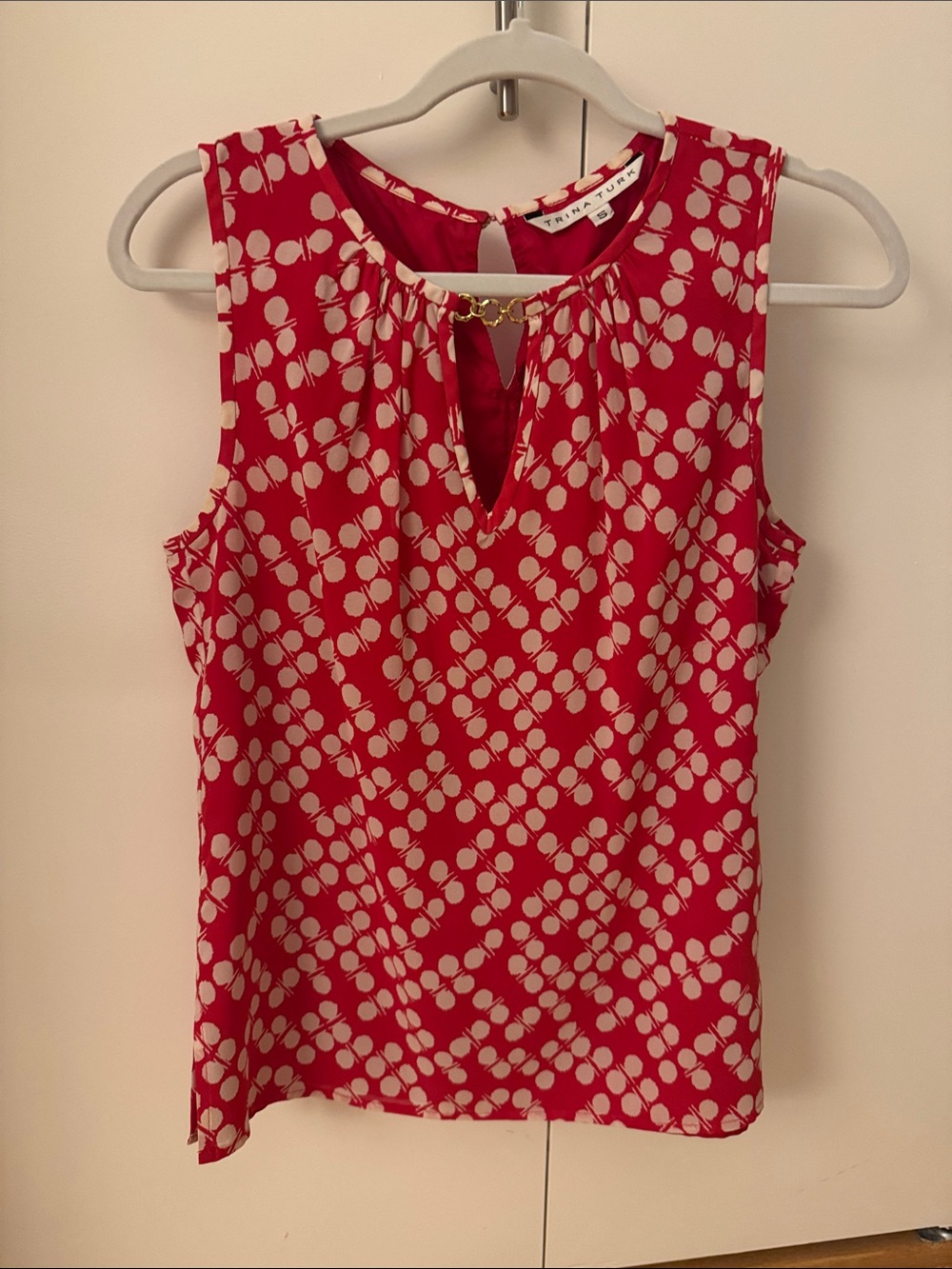 Trina Turk Red Printed Sleeveless Top with Cream Dots